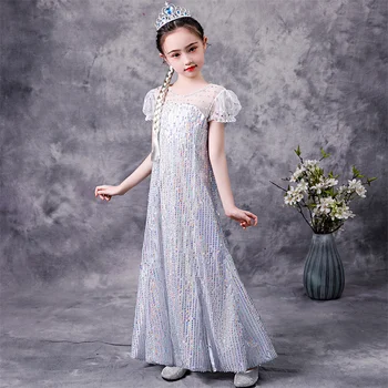 Frozen 2 Пола принцеса Елза Рокля на Елза За момичета, Окото пола с пайети, наметало, Преносимо Сребърна рокля за парти за момичета, Размер на 100-150