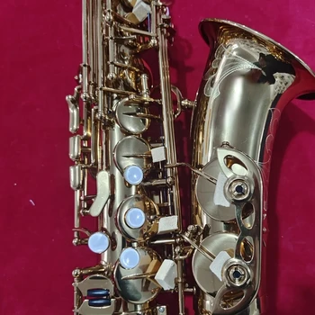 Професионален алт саксофон 54 калибър, покрит с лак от златен месинг с надпис 
