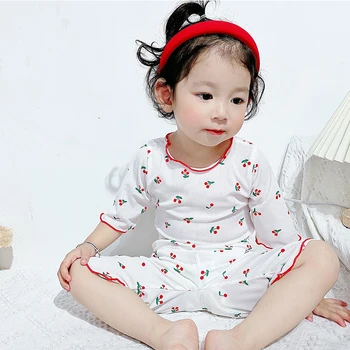 Нова лятна детска домашно облекло, пижами, Бебешко домашно облекло, бельо, Корея, детски дрехи, сладък черешов комплект от две части, пижами за момичета