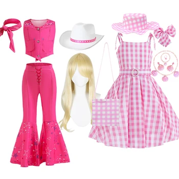 Бебешка рокля-принцеса Барби, детско лятно облекло за Хелоуин, елегантен фантазийный детски сватбен Костюм в розова клетка, дрехи за cosplay от 3 до 10 години