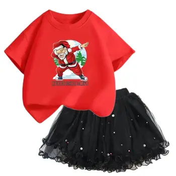 Коледно облекло за момичета, 2 бр. тениска с Дядо Коледа за Нова година и Коледа + пола-поличка от тюл, комплект дрехи, комплект дрехи