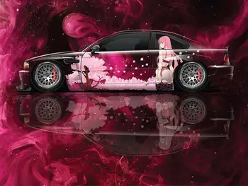 Аниме Автомобили ливрея Японската Тематична Страничната Автомобили обвивка Molded Vinyl обвивка Универсален размер Премиум Розова Стикер Аниме кола