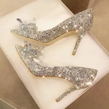 2023 Нови кристални обувки на принцесата с джапанки от дребен планински кристал, френски обувки на висок ток, сватбена рокля за булката, дамски официални обувки-лодка